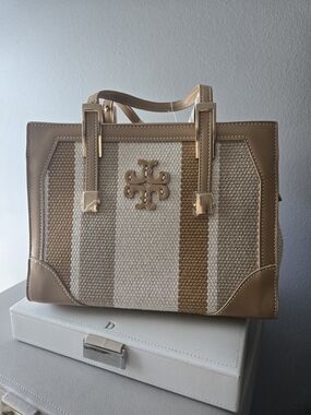 Tory Burch Tan & Cream Striped Tote Bag